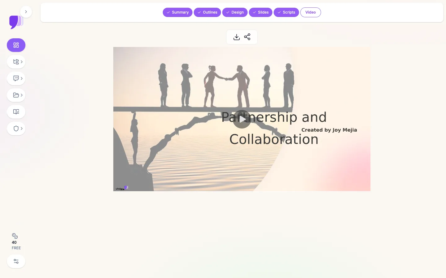 The ChatSlide video pipeline — Summary, Outlines, Design, Slides, Scripts, Video — with a rendered narrated video at the Video step, shown here in 16:9