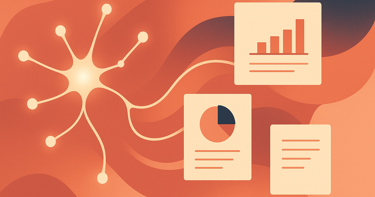 Abstract illustration of an AI model turning knowledge into presentation slides and documents