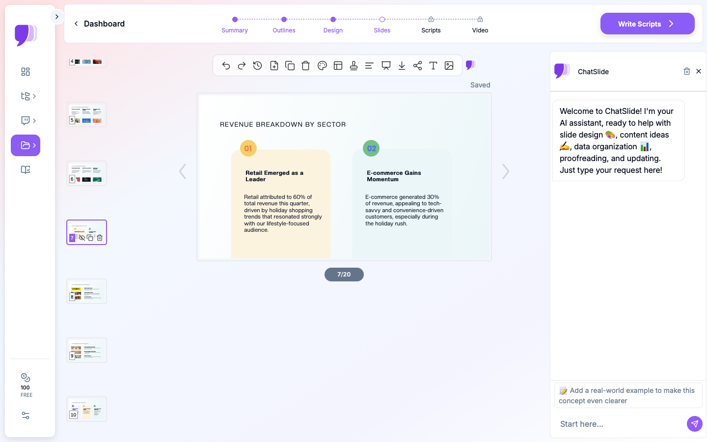 ChatSlide mostrando uma apresentação médica sobre manejo do delirium em UTI com dados clínicos e design profissional
