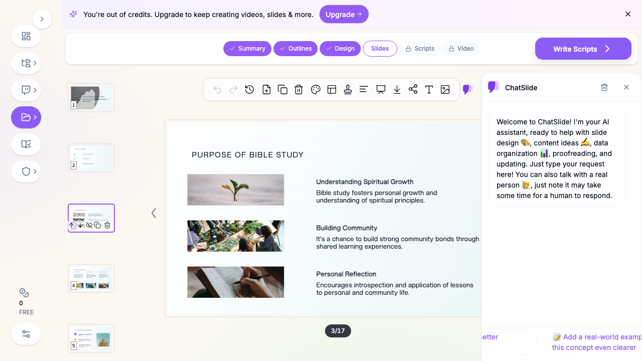 ChatSlide showing an AI-generated Bible study slide on the purpose of Bible study with images