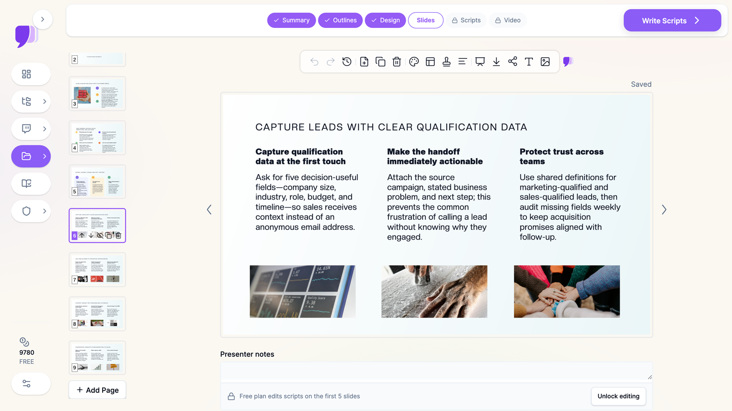 ChatSlide showing a CRM training slide on capturing leads with clear qualification data