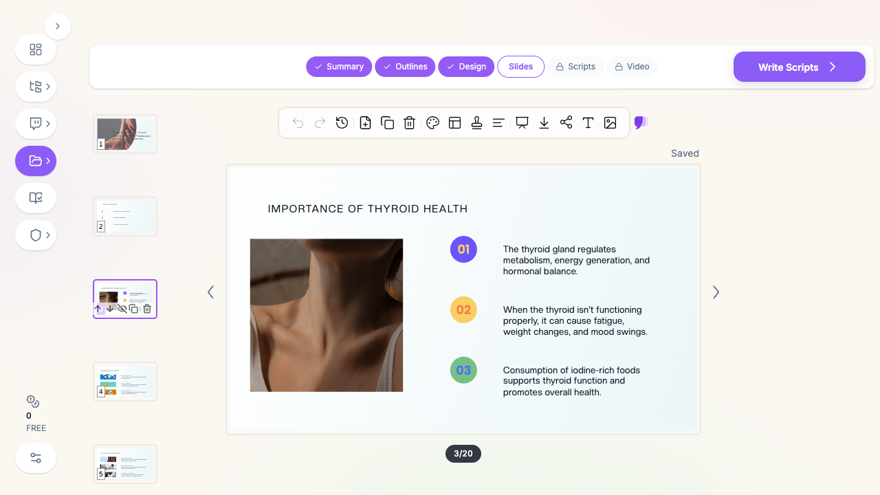 ChatSlide editor showing an endocrinology presentation slide on thyroid health with clinical images and structured teaching points