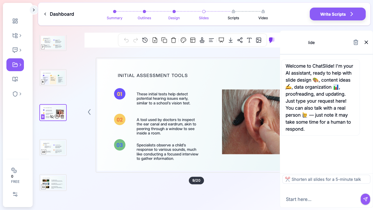 ChatSlide editor showing a pediatric otolaryngology lecture slide on initial assessment tools for congenital ear malformations, with an otoscopy reference image