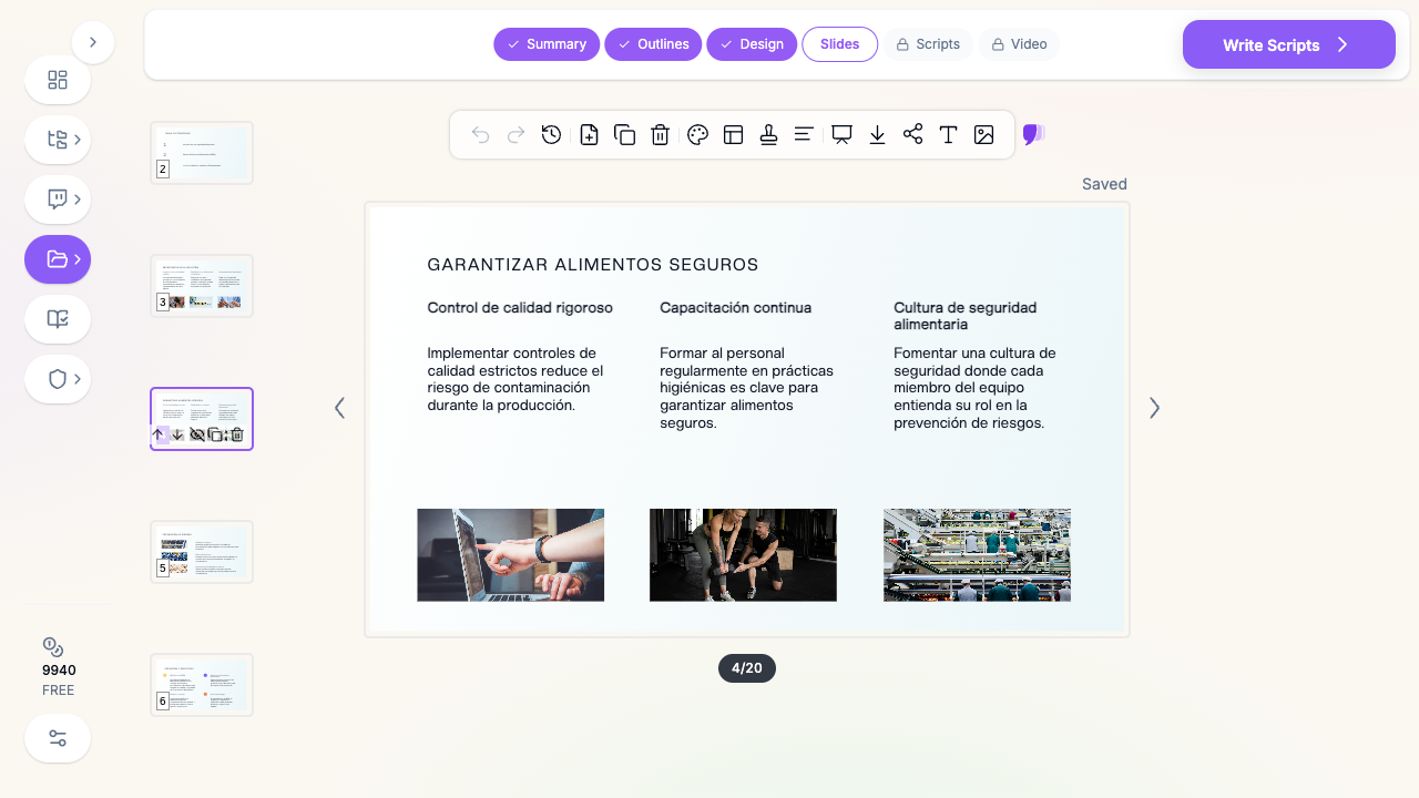 ChatSlide mostrando una diapositiva de capacitación en seguridad alimentaria generada con IA, con tarjetas sobre control de calidad, capacitación continua y cultura de seguridad