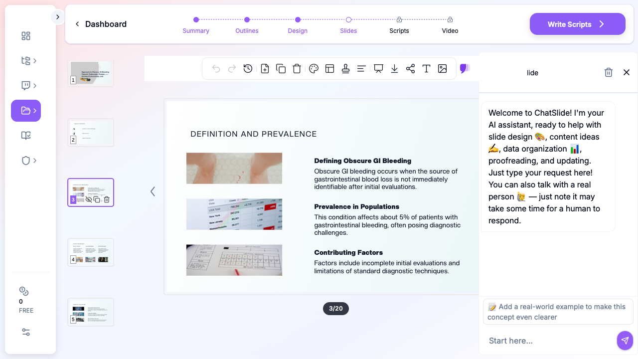 ChatSlide showing a gastroenterology obscure GI bleeding presentation with definition slide and AI chat assistant