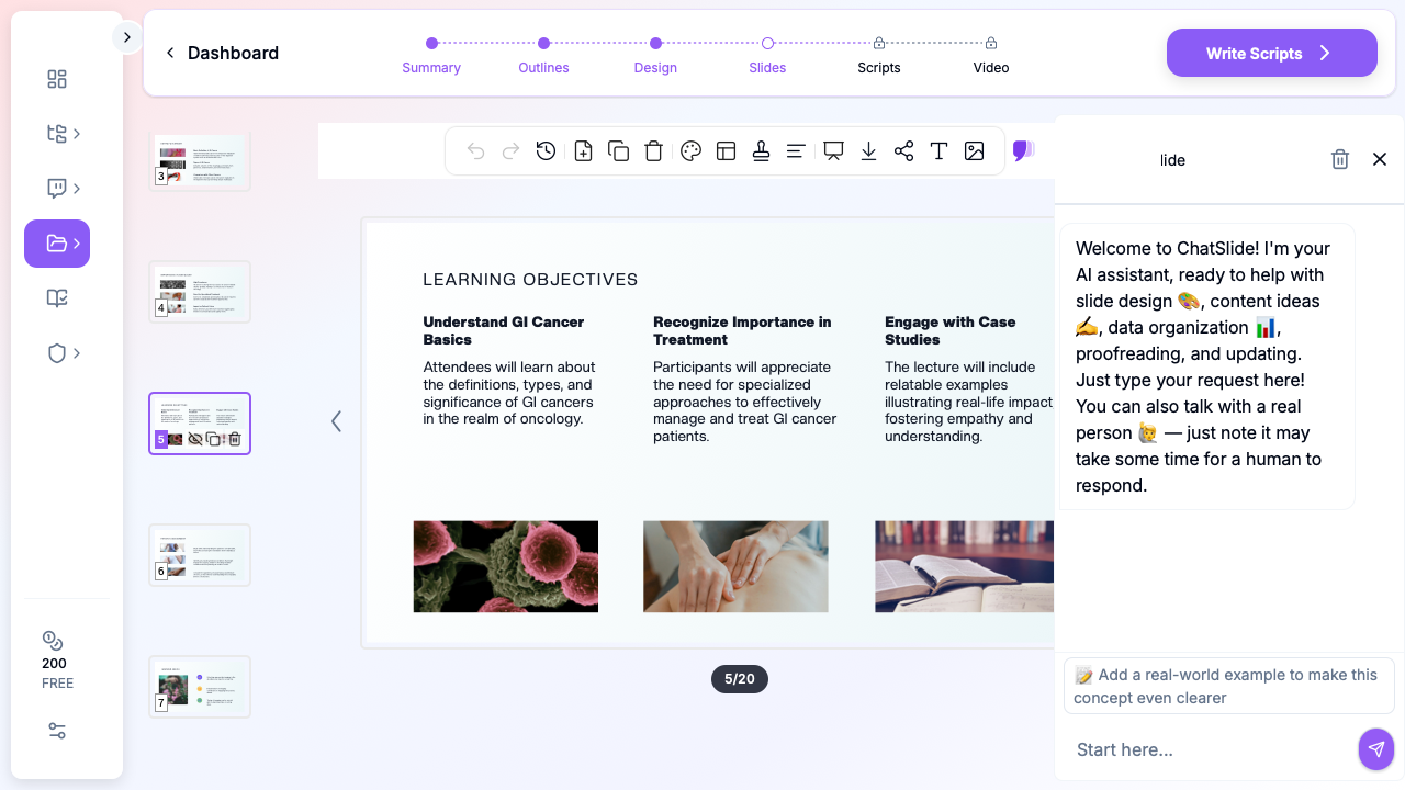 ChatSlide generating a surgical oncology lecture with learning objectives and clinical imagery