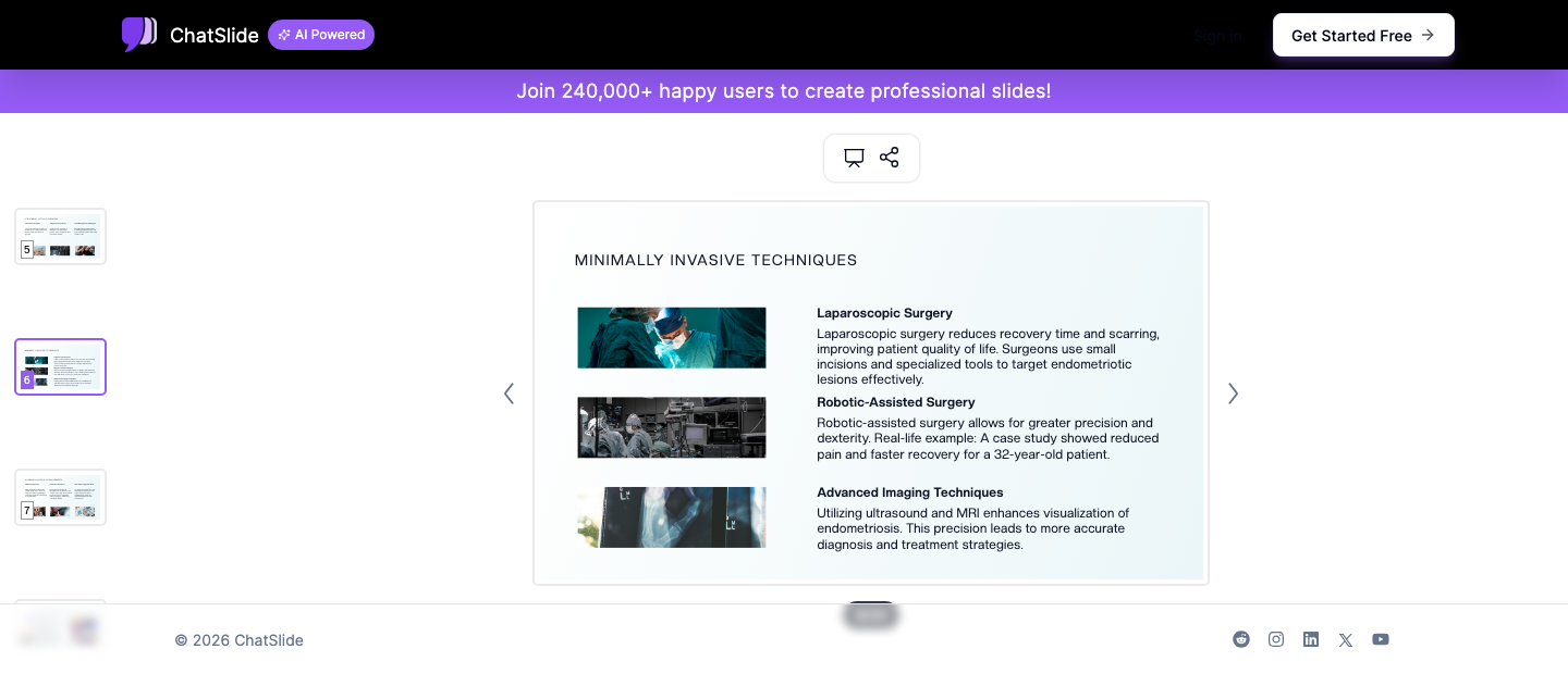 ChatSlide showing a generated gynecology lecture slide on minimally invasive techniques, covering laparoscopic surgery, robotic-assisted surgery, and advanced imaging