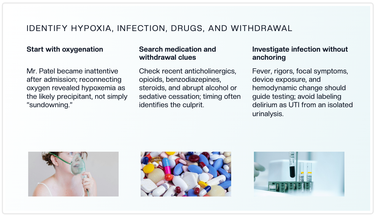 ChatSlide showing a generated hospital medicine teaching slide on identifying hypoxia, medication, withdrawal, and infection as delirium precipitants, with supporting clinical imagery