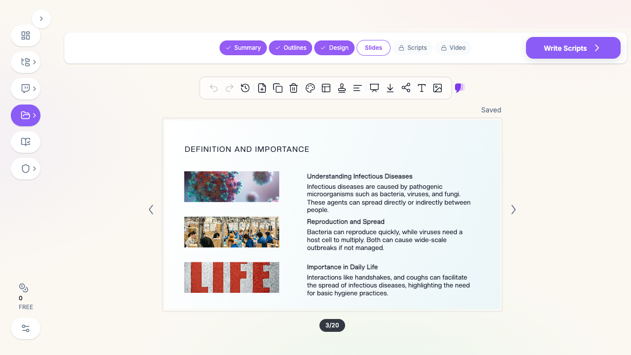 ChatSlide editor showing an infectious disease presentation slide with clinical images and structured teaching points