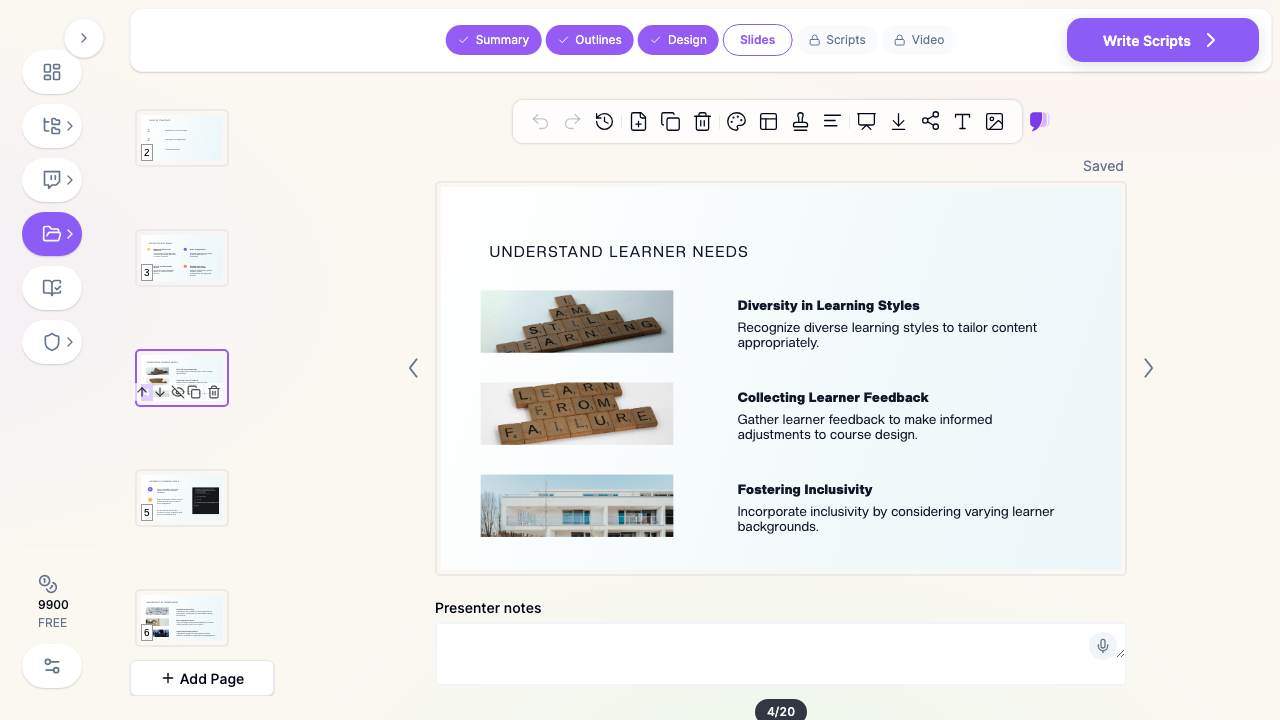 ChatSlide showing an instructional design course module slide on understanding learner needs