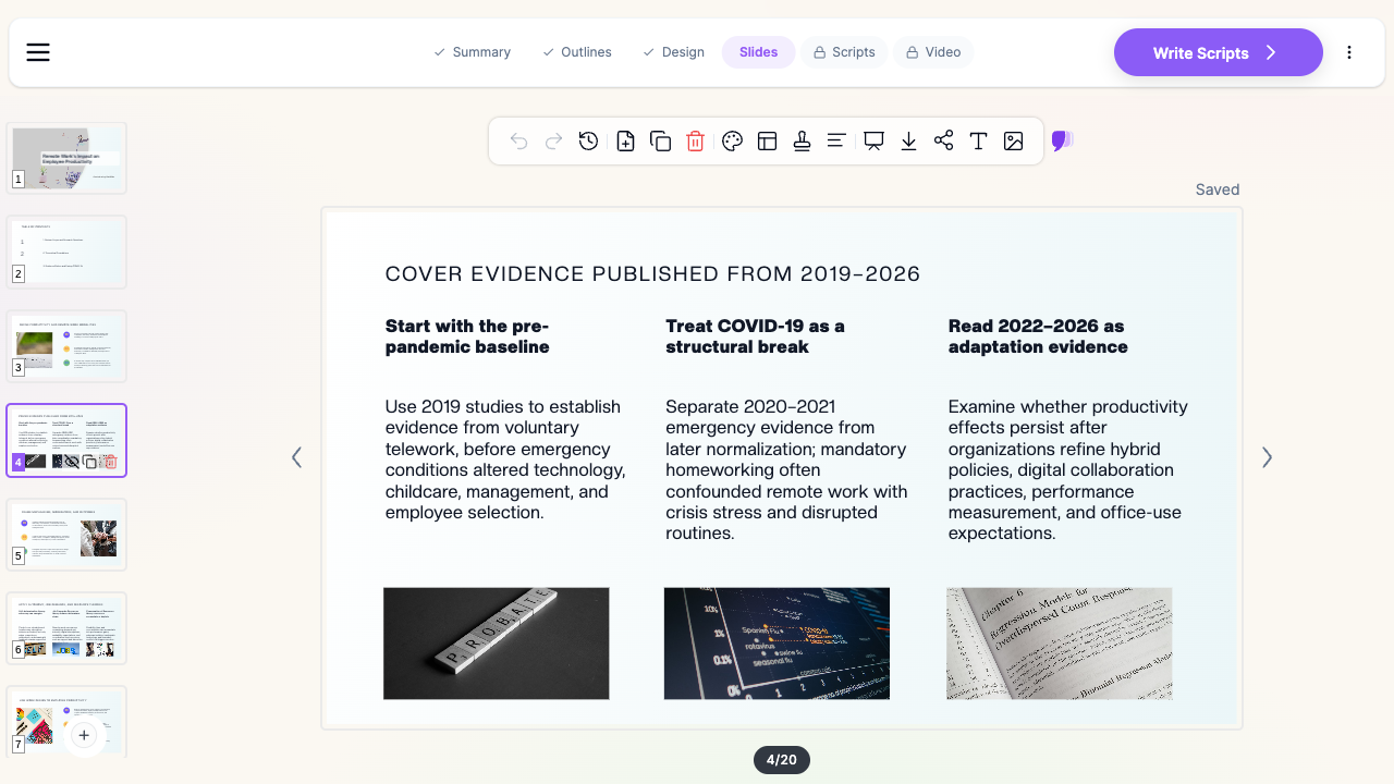 ChatSlide editing a literature review presentation slide showing how evidence published from 2019 to 2026 is split into pre-pandemic baseline, structural break, and adaptation periods, with supporting images in the slide editor