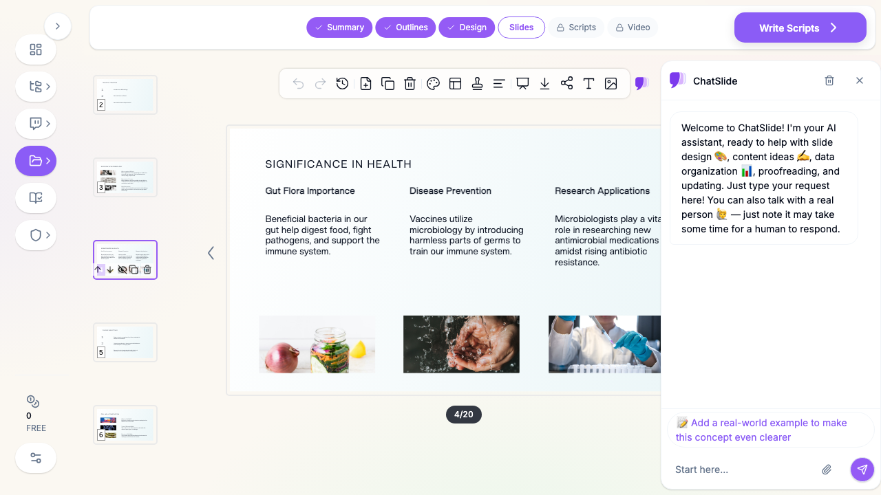 ChatSlide editor showing a microbiology lecture slide titled "Significance in Health" covering gut flora, disease prevention, and research applications
