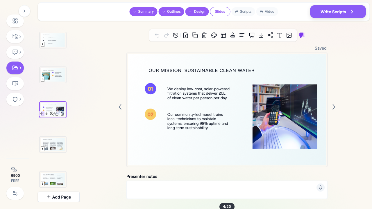 ChatSlide slide editor showing a generated nonprofit fundraising deck slide describing a clean water program's delivery model and sustainability