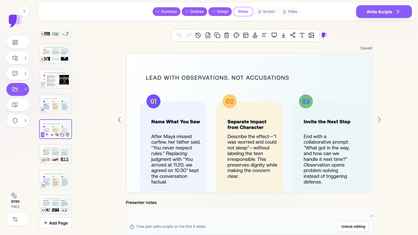 ChatSlide showing a parenting workshop slide on leading with observations, not accusations