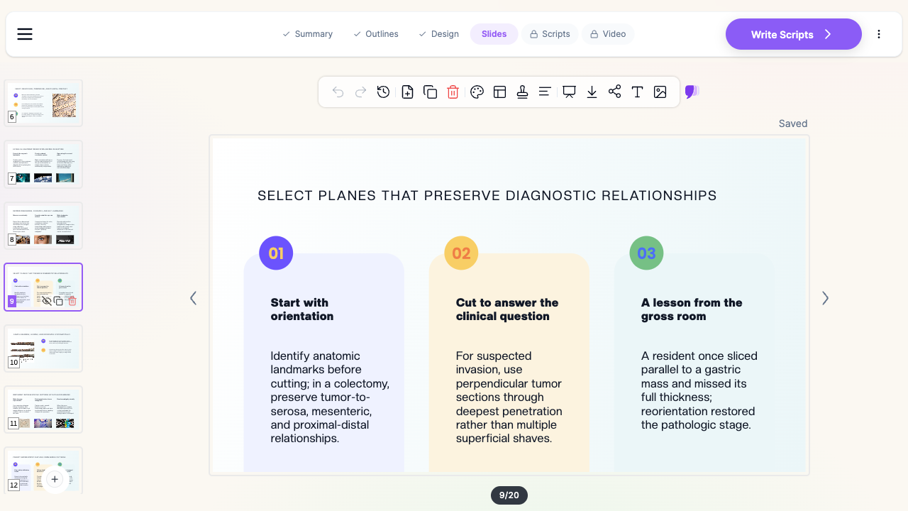 ChatSlide slide on selecting sectioning planes that preserve diagnostic relationships, with a gross room teaching example