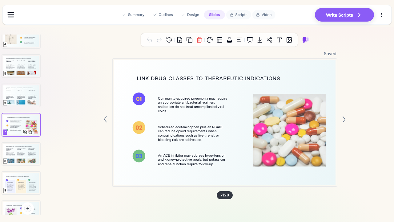 ChatSlide editor showing a pharmacology presentation slide linking drug classes to therapeutic indications