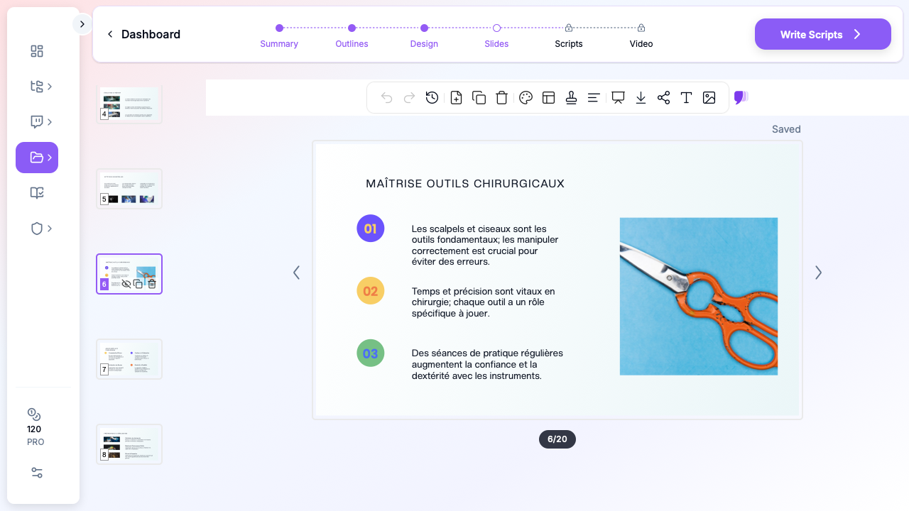 ChatSlide affichant une présentation sur la maîtrise des outils chirurgicaux au bloc opératoire, avec diapositives structurées et illustrations