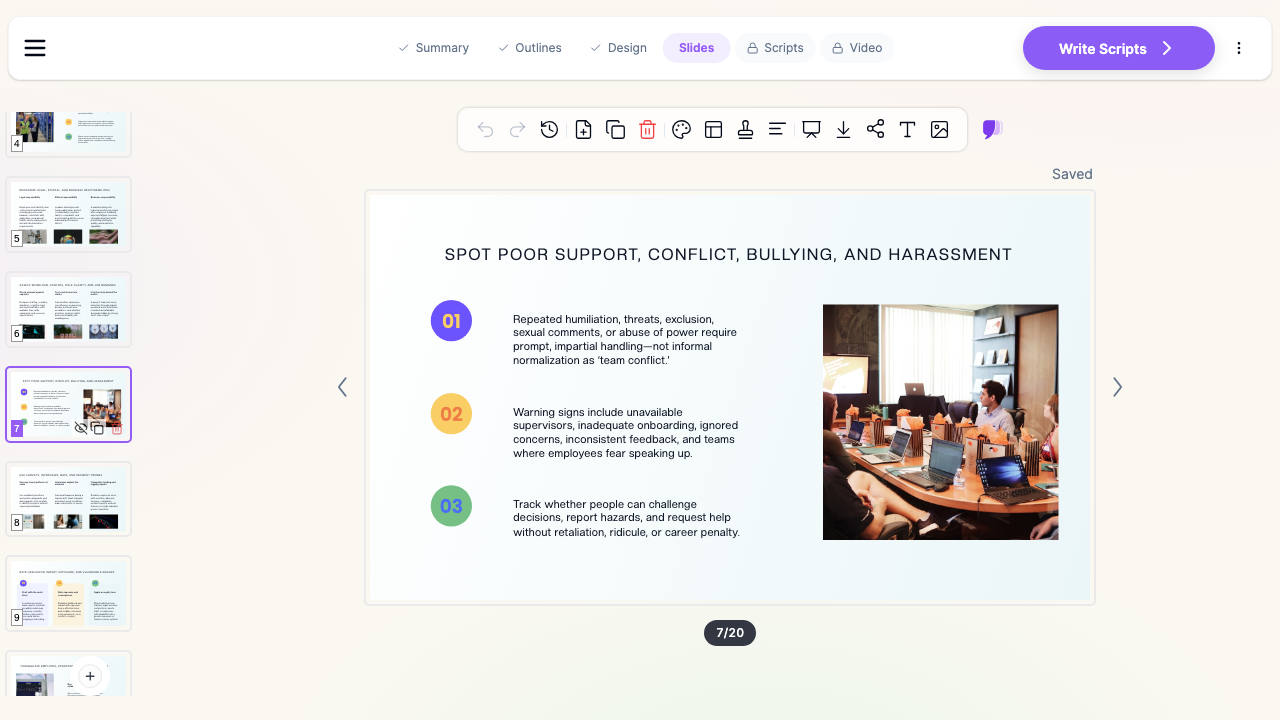 ChatSlide editor showing a psychosocial risk training slide on spotting poor support, conflict, bullying, and harassment