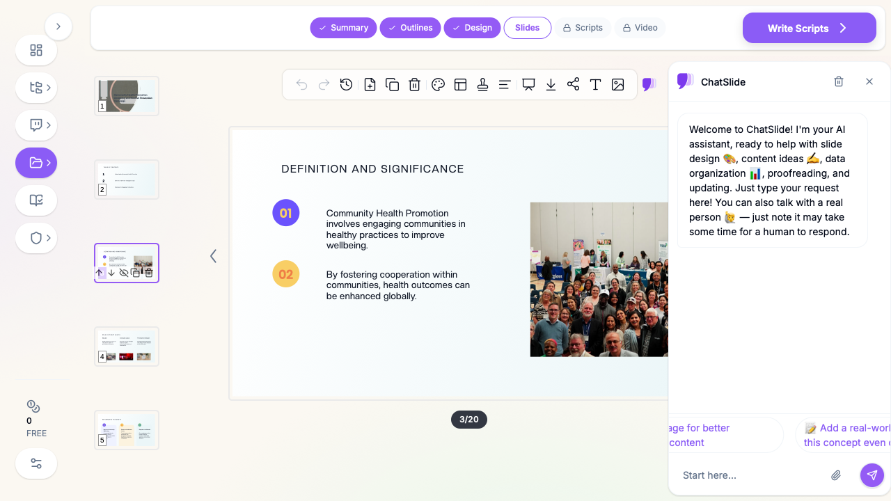 ChatSlide showing a community health promotion presentation in the editor