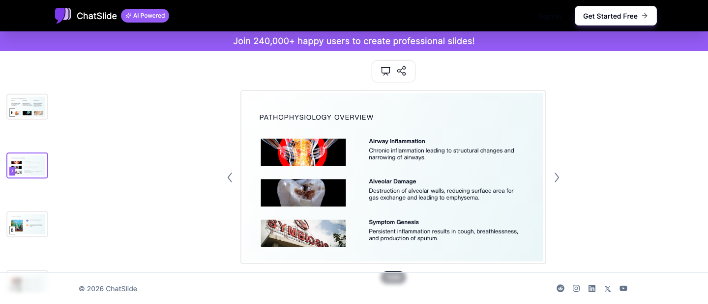 ChatSlide showing a generated pulmonology lecture slide on COPD pathophysiology, with airway inflammation and alveolar damage sections and supporting anatomical imagery