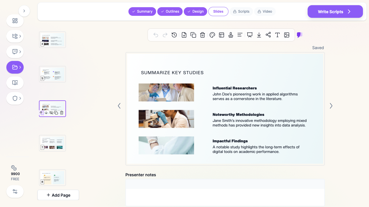 ChatSlide showing a research proposal defense slide summarizing key studies from the literature