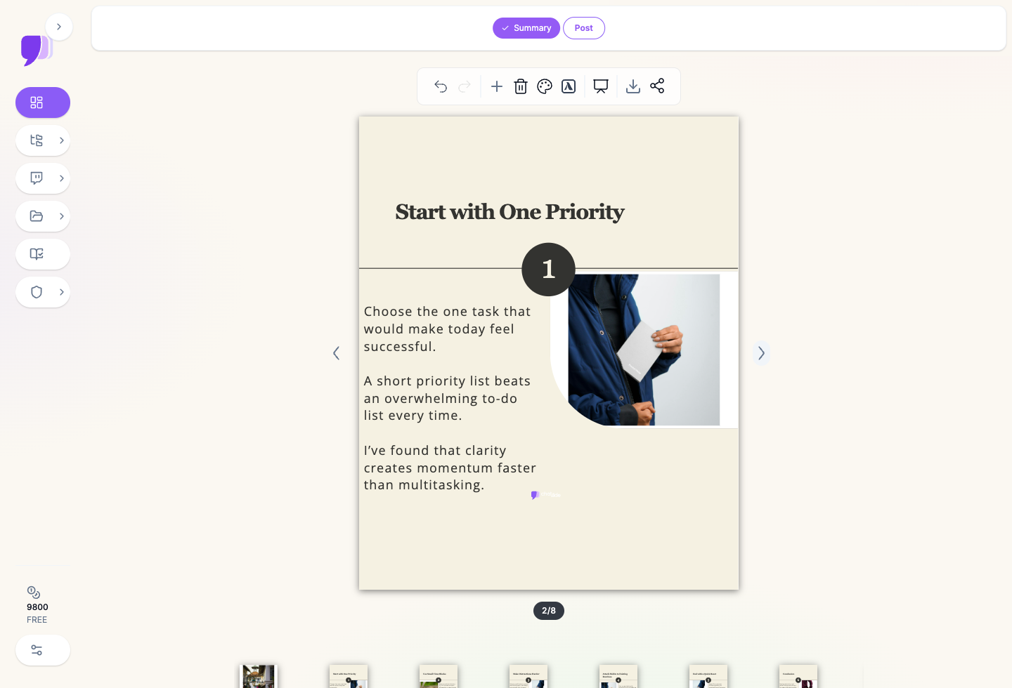 ChatSlide Social Post editor showing a portrait carousel slide with the full swipe sequence in the filmstrip below