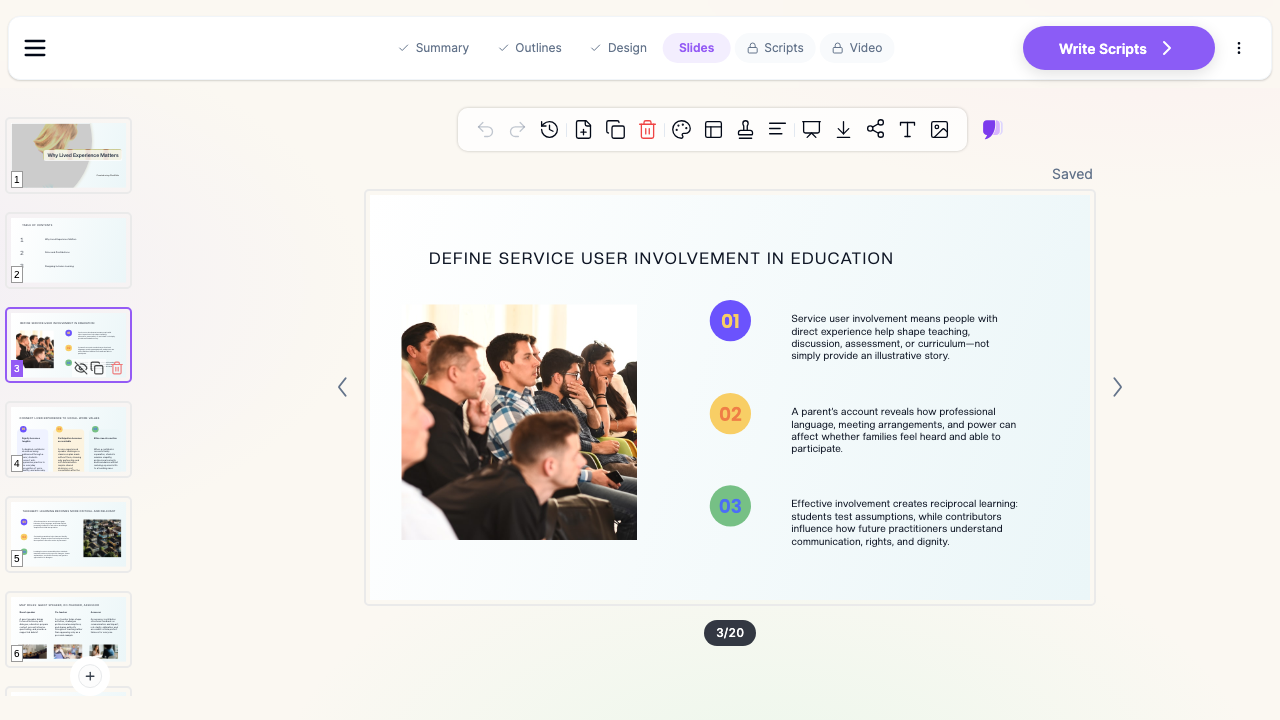 ChatSlide building a social work education lecture on service user involvement, with definition, parent perspective, and reciprocal learning points