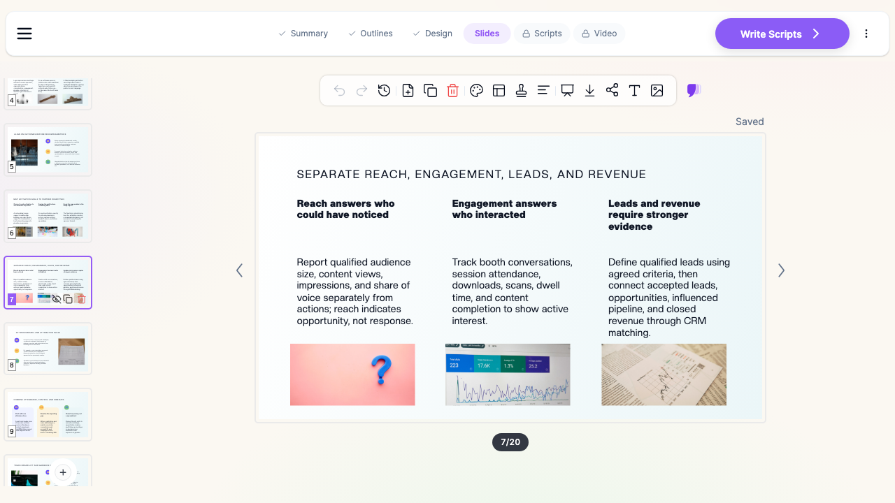 ChatSlide building a sponsorship wrap report slide that separates reach, engagement, leads, and revenue