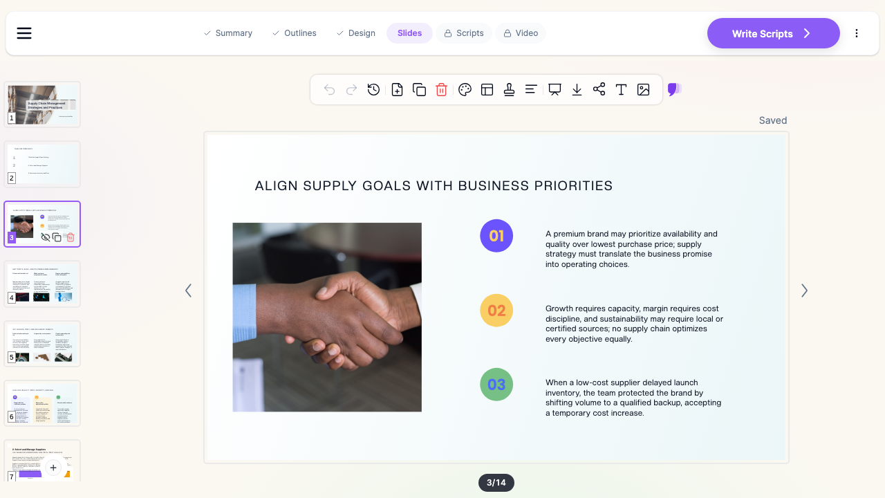 ChatSlide editing a supply chain management lecture slide on aligning supply goals with business priorities, with numbered talking points and a stock photo in the slide editor