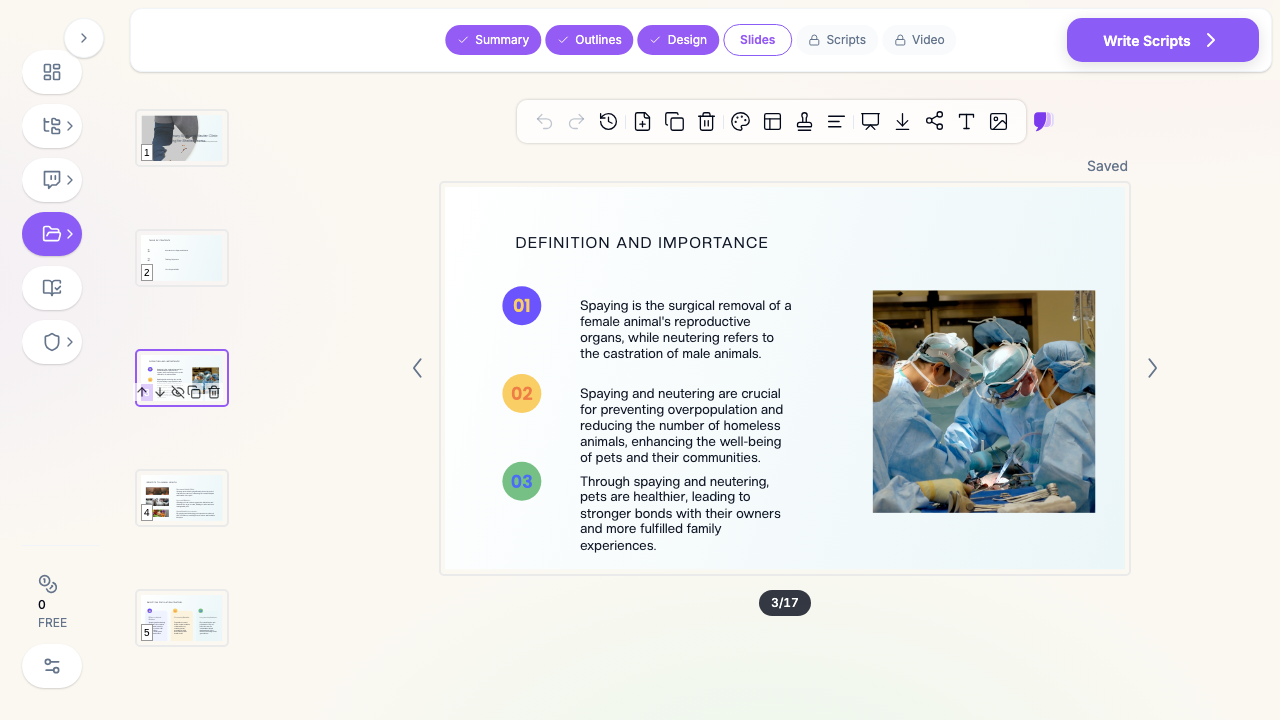 ChatSlide editor showing a veterinary spay and neuter clinic training slide with surgical workflow imagery