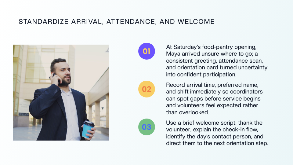ChatSlide showing a volunteer orientation slide on standardizing arrival, attendance, and welcome procedures
