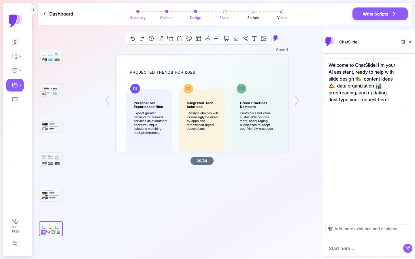 ChatSlide dashboard showing the full product with Ideas to Slides, PPTX to Video, Charts, and Studio features