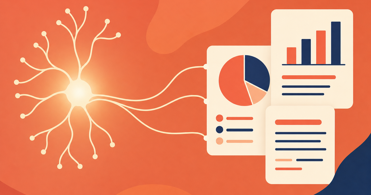 Abstract illustration of an AI model branching outward and feeding into finished presentation slides with charts