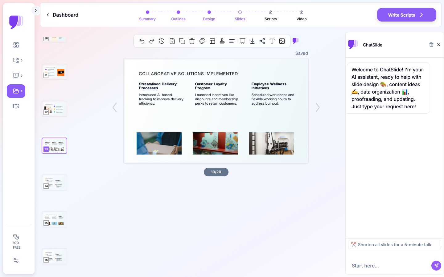ChatSlide showing data-driven slides with charts and sector breakdown analysis