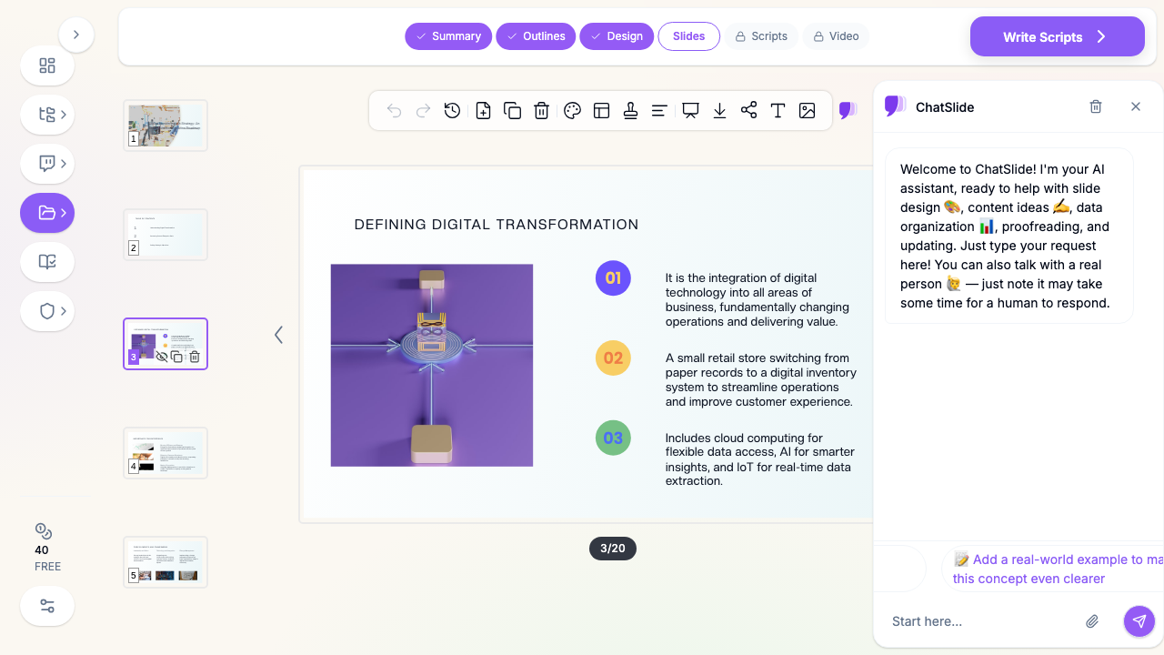 ChatSlide editor showing a slide titled "Defining Digital Transformation" with supporting visuals and structured talking points