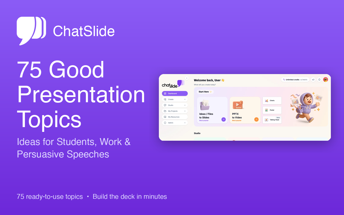 ChatSlide — 75 buoni argomenti per presentazioni: idee per studenti, lavoro e discorsi persuasivi