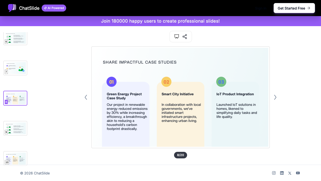 ChatSlide AI presentation editor showing structured case study slides ready to export as PowerPoint .pptx