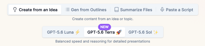 The ChatSlide model picker showing GPT-5.6 Luna, GPT-5.6 Terra, and GPT-5.6 Sol as selectable options above the presentation brief