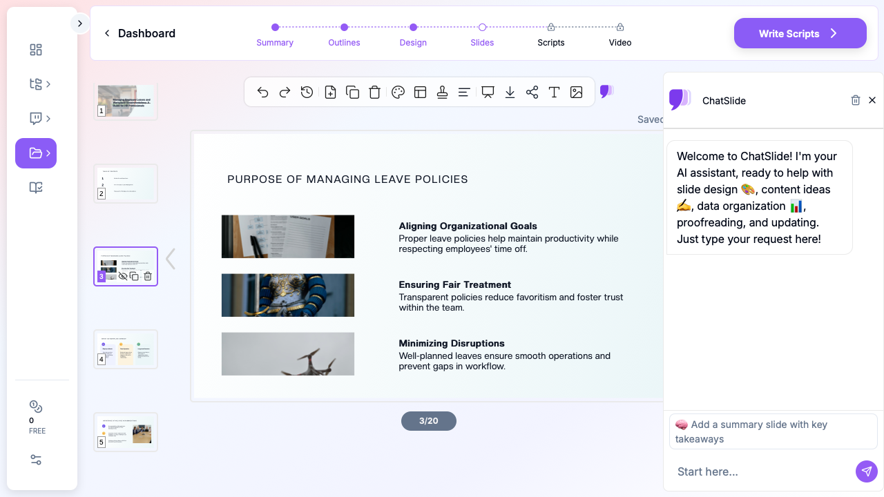 ChatSlide showing an HR leave management training presentation with organized policy content