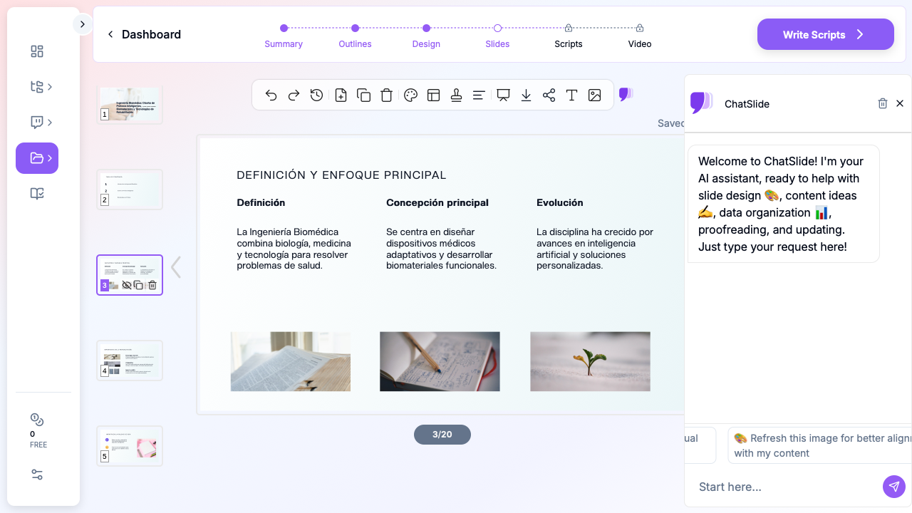 ChatSlide mostrando una presentación de ingeniería biomédica sobre prótesis inteligentes y biomateriales