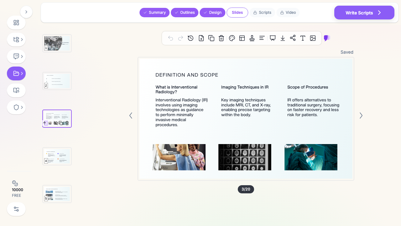 ChatSlide editor showing an interventional radiology presentation slide on image-guided procedures with clinical images and structured teaching points