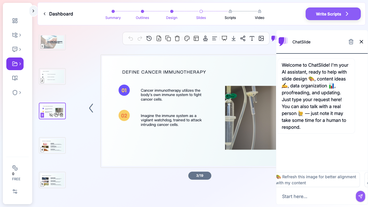 ChatSlide showing a journal club presentation on cancer immunotherapy
