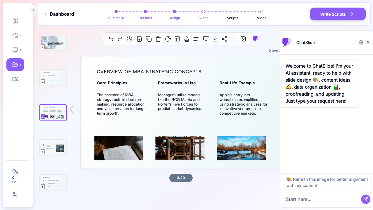 ChatSlide showing MBA strategic analysis slides with SWOT framework content and business images
