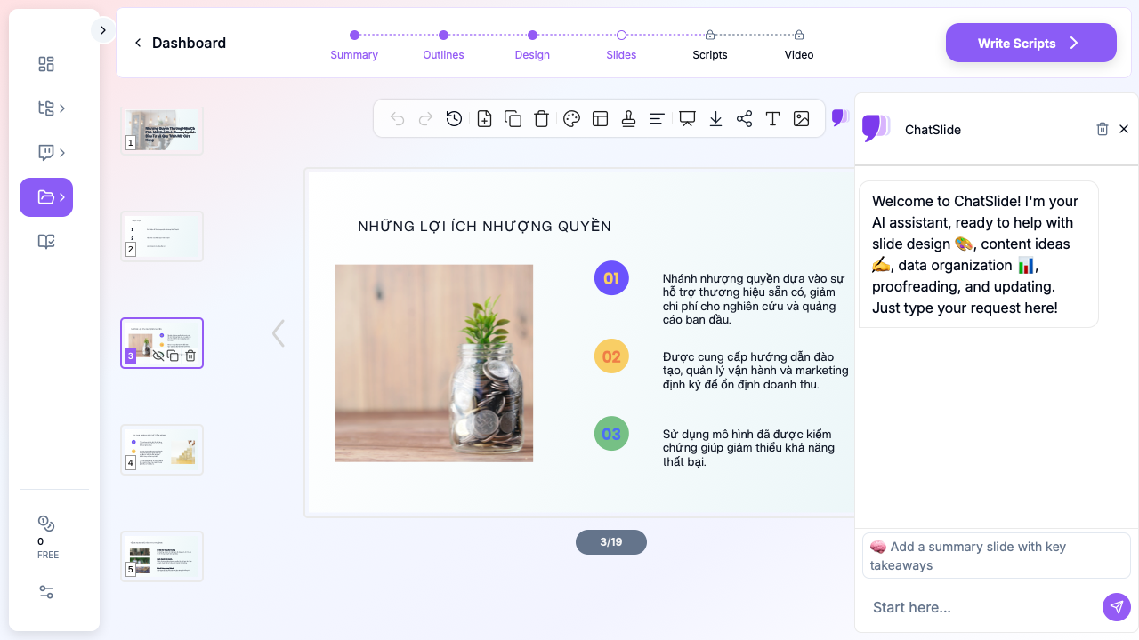 ChatSlide hiển thị bài thuyết trình nhượng quyền cà phê với slide về những lợi ích nhượng quyền