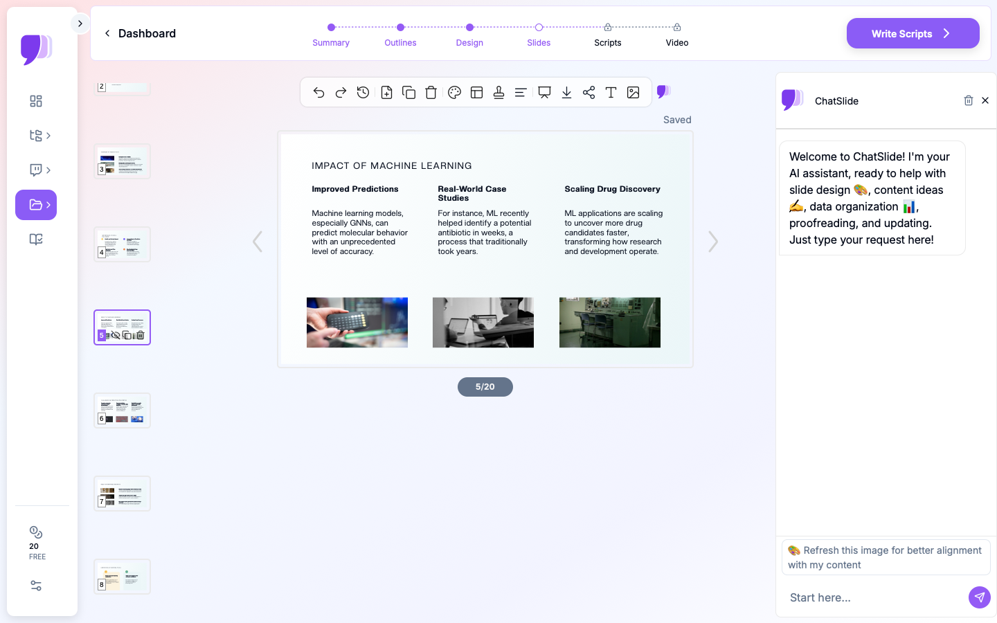 ChatSlide showing a PhD thesis defense presentation with Research Methodology slide