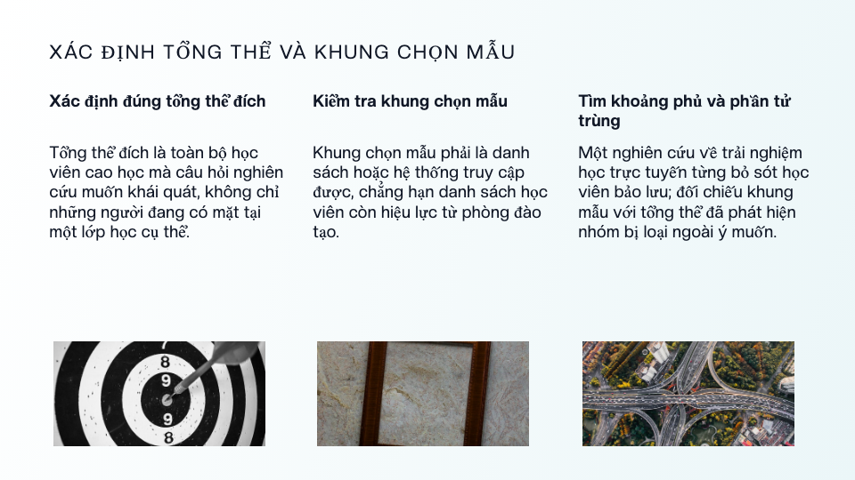 Slide tiếng Việt của ChatSlide về xác định tổng thể và khung chọn mẫu trong bài giảng phương pháp nghiên cứu