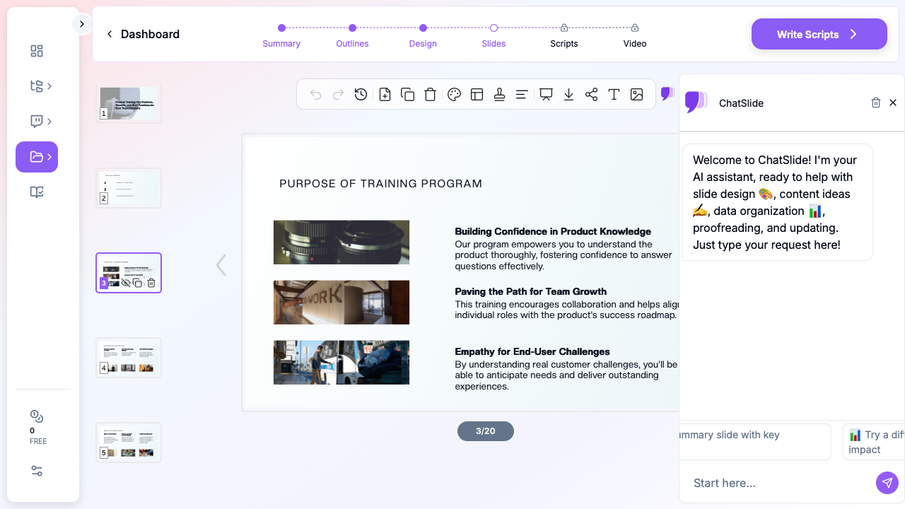 ChatSlide showing a product training presentation with purpose, team growth, and customer empathy slides