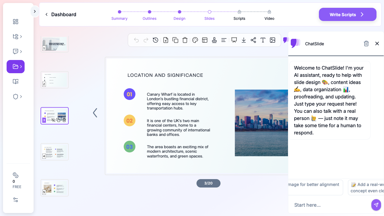 ChatSlide showing a real estate area guide presentation
