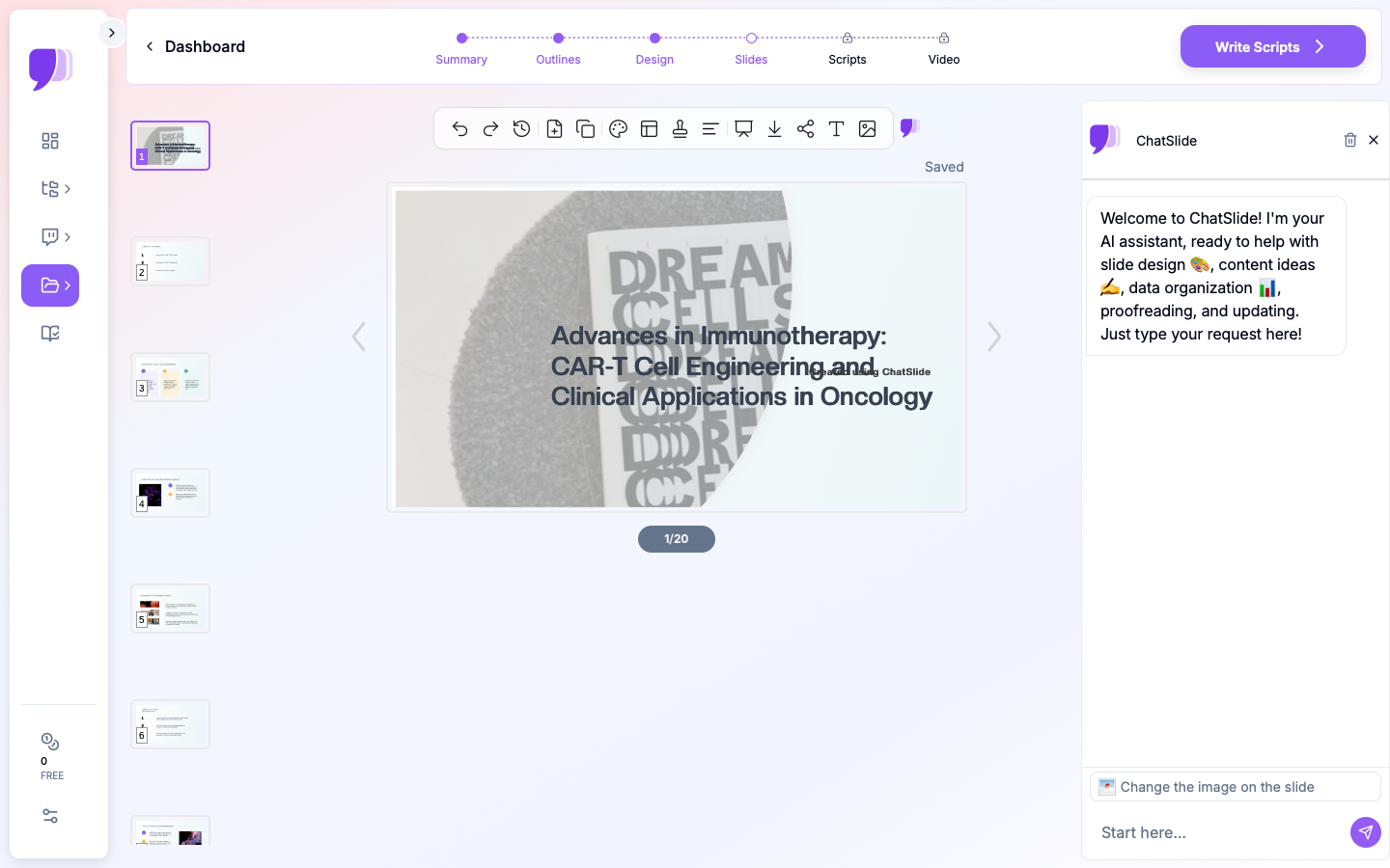 ChatSlide showing a research presentation on immunotherapy advances