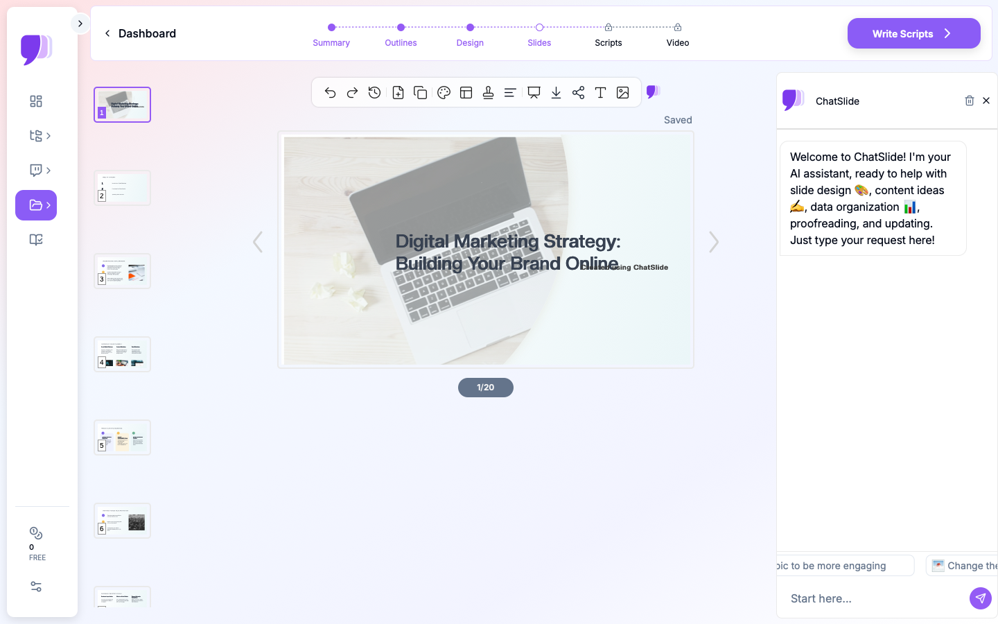 ChatSlide showing a digital marketing sales presentation with charts and branded visuals